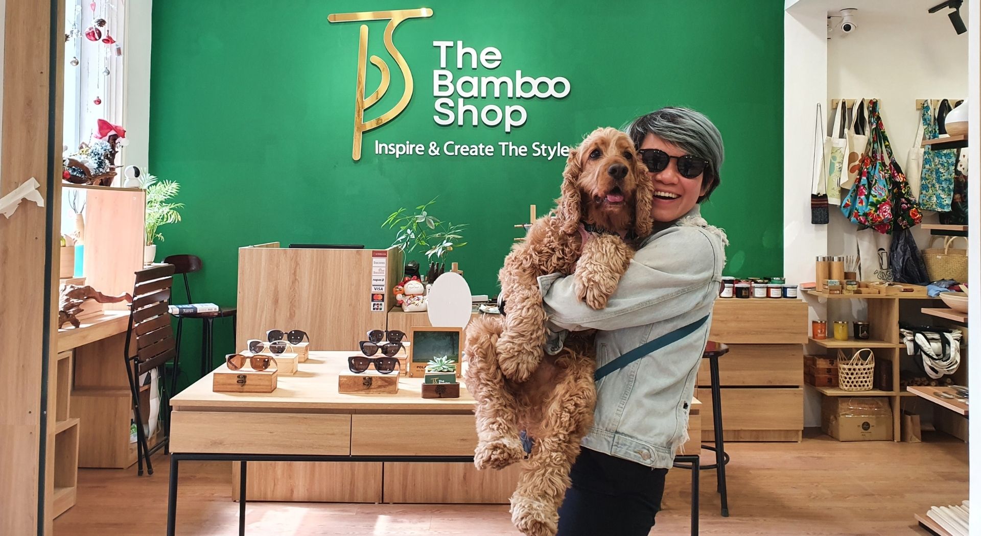 Inside The Bamboo Shop, with the original green shop wall and logo